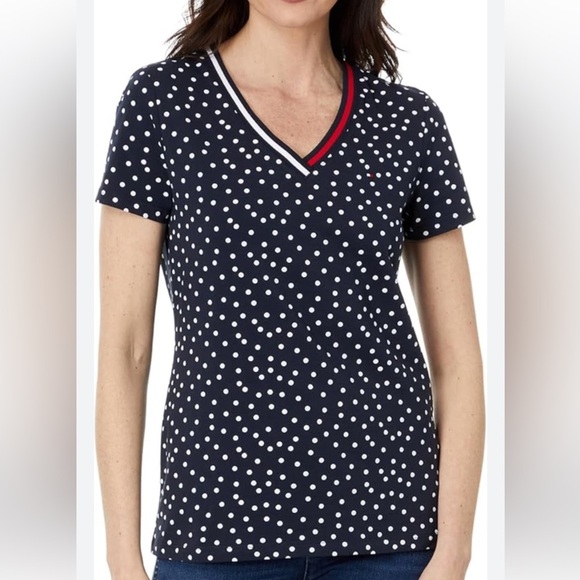 Tommy Hilfiger Navy and White Polka Dot V-Neck Casual Tee NWT Sz S New With tags - Picture 1 of 7
